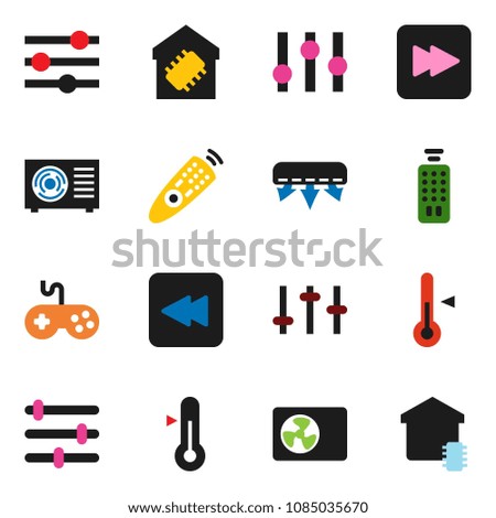solid vector icon set - thermometer vector, gamepad, settings, remote control, forward button, backward, equalizer, air conditioner, smart home
