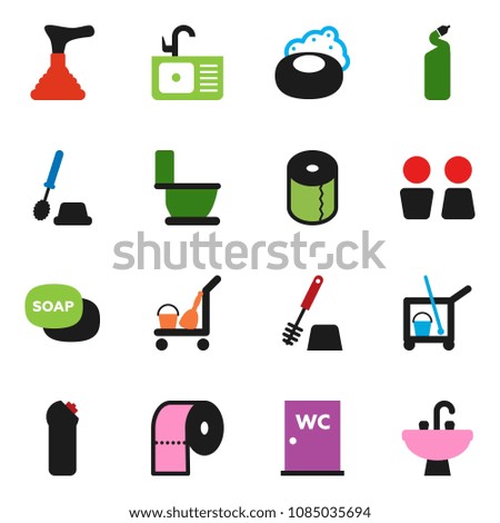 solid vector icon set - soap vector, plunger, cleaner trolley, toilet, brush, cleaning agent, paper, water closet, sink