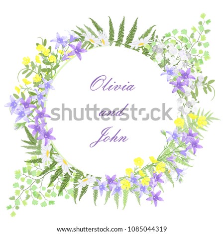 Round frame with daisy flowers, bellflowers, buttercups and fern leaves for wedding invitation card design, vector illustration.