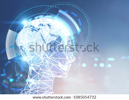 Polygonal brain shape of an artificial intelligence with lines and glowing dots and shadow over the dark blue background. Mock up toned image double exposure Elements of this image furnished by NASA