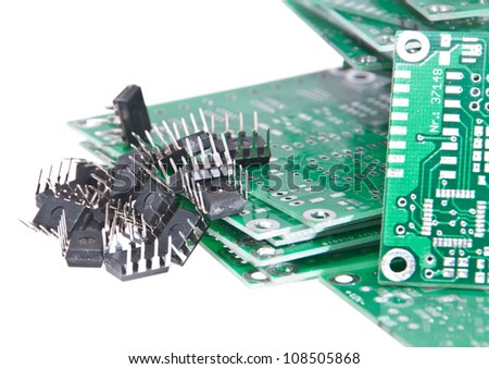 PCBs with different electronic components isolated on white background