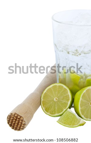 Caipirinha with ingredients isolated on white background
