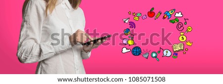 Young girl with a white shirt with a phone in her hand on a pink background. Added icons. The concept of Social Networks and Mobile Apps.