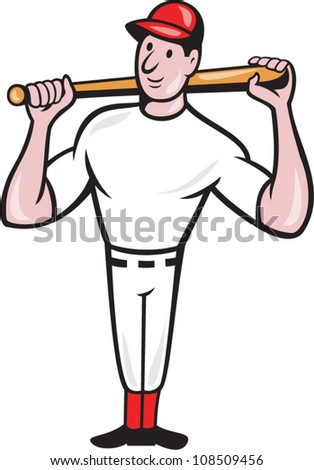 Illustration of a american baseball player batting bat on shoulder cartoon style isolated on white background.