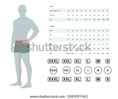 Measurements for clothing. Vector illustration of the dimensions of the male waist and hips. Size chart for men. Model template with international sizes can be used for male linen, clothes