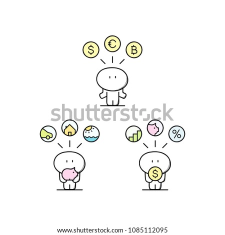 Funny cute man with money box, dollar, euro, bitcoin, car, house, travel, graph and percent sign. Finance and currency, savings, deposit interest, investment and profit cartoon vector illustration.