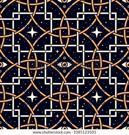 Star Eye. Seamless pattern with stars, magic eyes, and golden lattice in esoteric style. Alchemy, space, spirituality, mysticism.