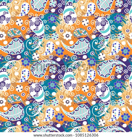 Seamless pattern with paisley, flowers. Abstract background texture. Fabric design