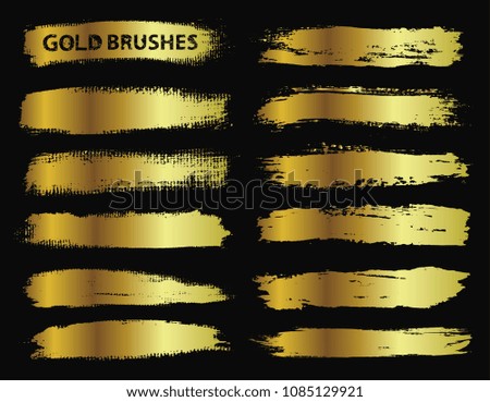Vector golden brush strokes, lines. Dirty artistic design element.Gold grunge banners .