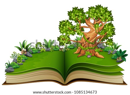 Open book with animals cartoon on the trees