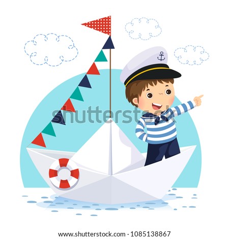 Vector illustration of little boy in sailor costume standing in a paper boat Royalty-Free Stock Photo #1085138867