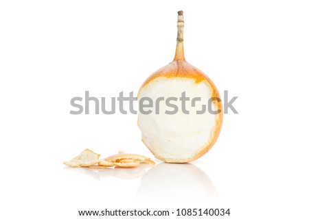 Broken giant grenadilla with skin pieces isolated on white background one sweet yellow passion fruit
