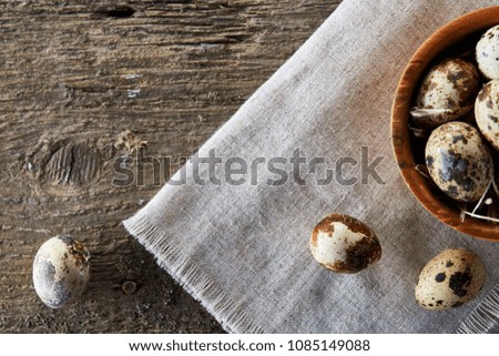 Bowl with eggs quail, eggs on a homespun napkin, boxwood on wooden background, close-up, selective focus