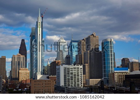Elevated view of skyscrapers and skyline of downtown Philadelphia