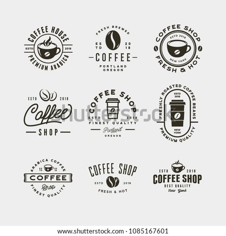 set of modern vintage coffee shop labels. retro styled emblems, badges, design elements, logotype templates. vector illustration Royalty-Free Stock Photo #1085167601