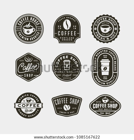 set of modern vintage coffee shop labels. retro styled emblems, badges, design elements, logotype templates. vector illustration Royalty-Free Stock Photo #1085167622