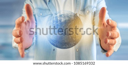 View of a Man holding a 3d rendering particles earth globe 
