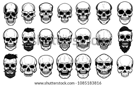 Set of human skull illustrations on white background. Design element for label, emblem, sign,logo, poster. Vector image