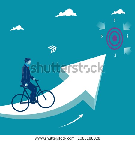 Reaching business target. Businessman riding bike on the rising arrow toward his goal. Business metaphor, vector illustration