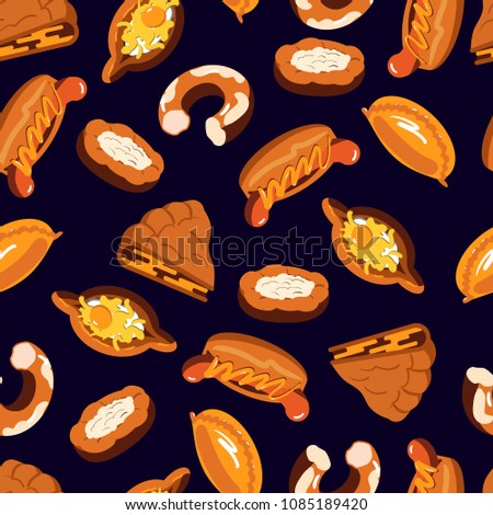Pastries bakery pattern. Well-done pastries background for design of a bakery. Free hand drawing style objects on blue background. It can be applied for advertising or menu. Vector seamless pattern.