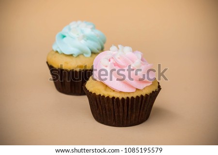 sweet cup cake dessert on yellow background and copy space