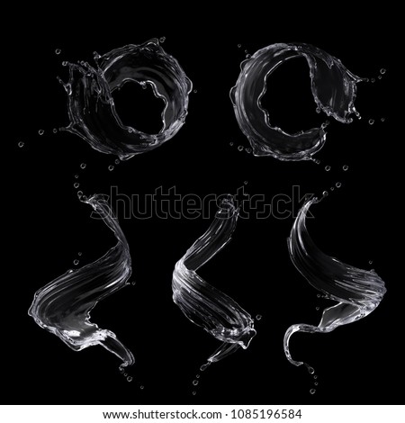 3d render, water splashing clip art, clear liquid, vodka, spirit, splash set, design elements collection, isolated on black background
