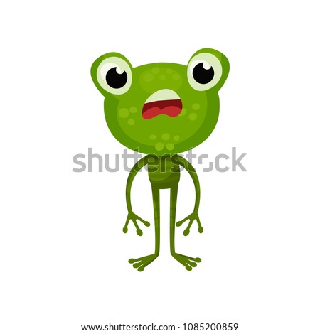 Cartoon character of frog with shocked face expression. Green amphibian animal with big head. Flat vector design for children book