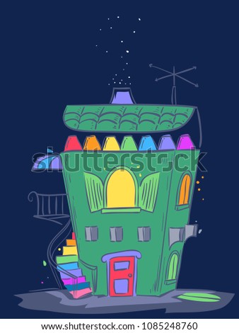 Illustration of a House Made From a Box Full of Crayons with a Terrace and Stairs Outside