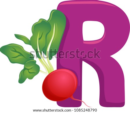 Illustration of Vegetables Alphabet, a Purple Letter R and a Radish