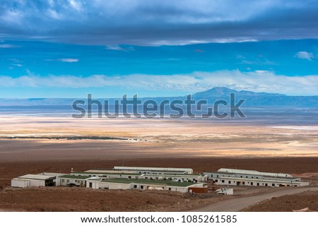 San Pedro de Atacama, Atacama Desert, ALMA Base Camp, Chile- Part of ALMA Base Camp infrastructure and view of The Atacama Salt Lake.