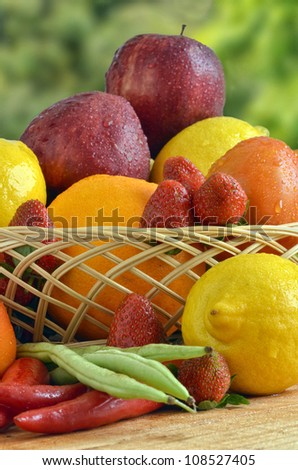 Best picture of fresh Fruit and Vegetables shot in still life concept. Picture taken under a warm morning light. There is a free space to put your product on right bottom front.