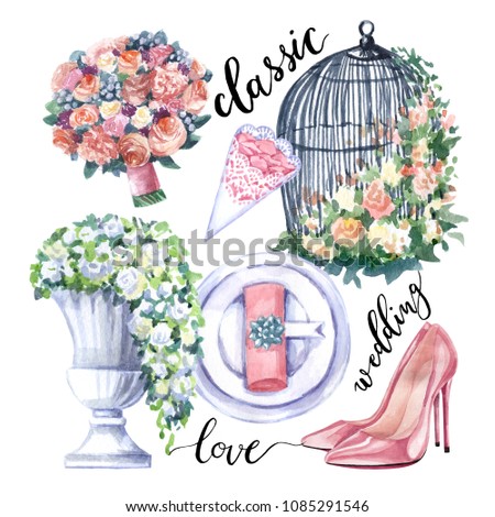 Wedding decorations in classic style. Watercolor illustrations on white background 