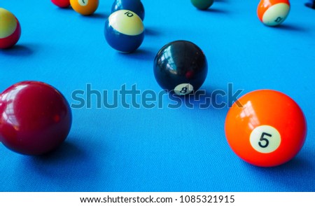 Colorful snooker balls or pool balls on snooker table, pool snooker game set.