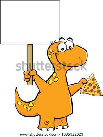 Cartoon illustration of a brontosaurus holding a slice of pizza and a sign.