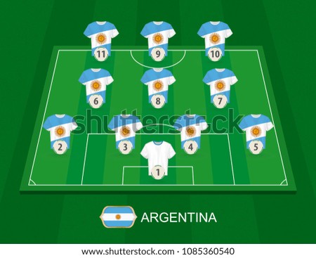 Soccer field with the Argentina national team players. Lineups formation 4-3-3 on half football field.