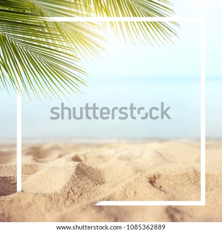 Sand with Palm and tropical beach and sea background with frame design for creative advertising Summer vacation and travel concept. Copy space