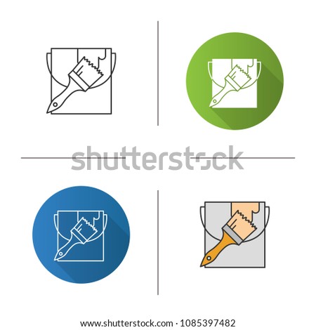 Paint bucket with brush icon. Interior design. Painting, dyeing. Flat design, linear and color styles. Isolated vector illustrations