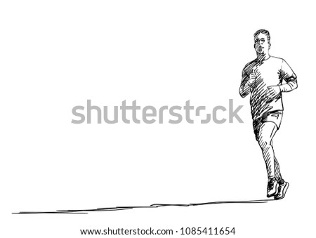 Sketch of running young man with long shadow, Hand drawn vector illustration