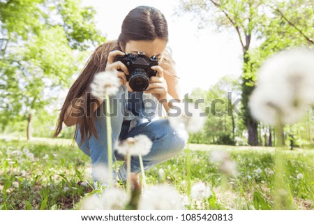 Female amateur photographer taking photo of dandelion with retro old camera in summer park at beautiful sunny day