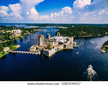 Aerial view of olavinlinna medieval castle in Savonlinna, Finland. Drone photography