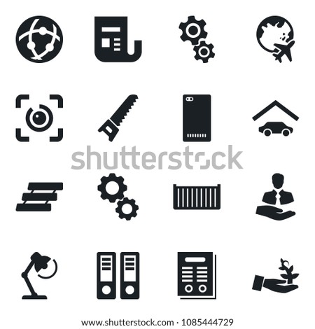 Set of vector isolated black icon - plane globe vector, office binder, saw, client, cargo container, news, phone back, network, eye id, desk lamp, paper tray, contract, garage, gear, palm sproute