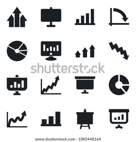Set of vector isolated black icon - presentation board vector, crisis graph, statistic monitor, circle chart, bar, pie, arrow up, growth