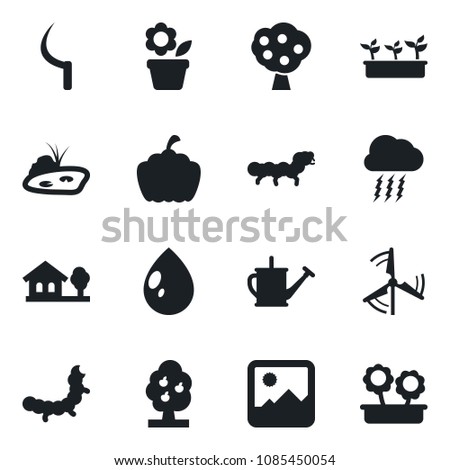 Set of vector isolated black icon - storm cloud vector, flower in pot, watering can, seedling, water drop, sickle, pumpkin, caterpillar, gallery, house with tree, pond, windmill, fruit
