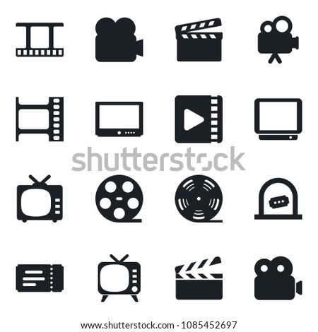 Set of vector isolated black icon - ticket vector, office, clapboard, film frame, reel, tv, video camera