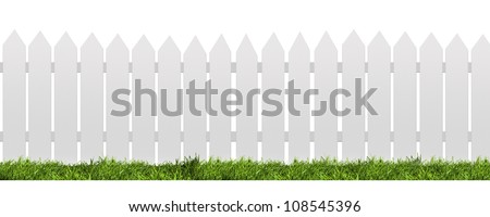 White fence with green grass isolated on white with clipping path Royalty-Free Stock Photo #108545396