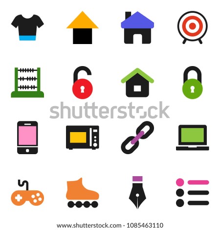 solid vector icon set - microwave oven vector, pen, notebook pc, abacus, arrow up, t shirt, roller Skates, target, gamepad, mobile phone, home, chain, lock, unlock, menu