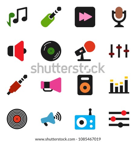 solid vector icon set - music vector, disk, microphone, radio, speaker, loudspeaker, settings, equalizer, forward button, jack