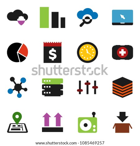solid vector icon set - pie graph vector, first aid kit, navigator, clock, receipt, top sign, sorting, radio, settings, notebook pc, social media, cloud glass, shield, big data, package
