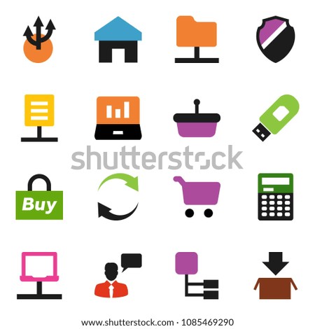 solid vector icon set - calculator vector, cart, laptop graph, speaking man, notebook network, folder, shield, usb modem, home, refresh, hierarchy, route arrow, document, buy, basket, package