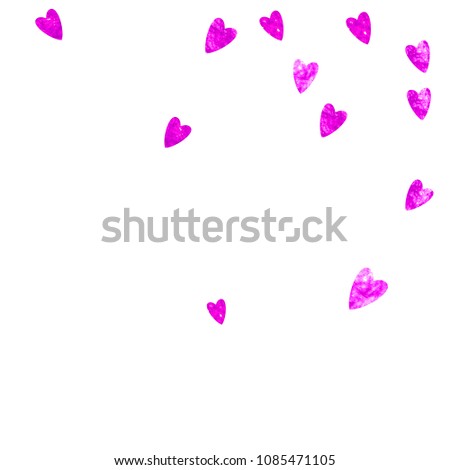 Mother's day background with pink glitter confetti. Isolated heart symbol in rose color. Postcard for mother's day background. Love theme for special business offer, banner, flyer. Women holiday